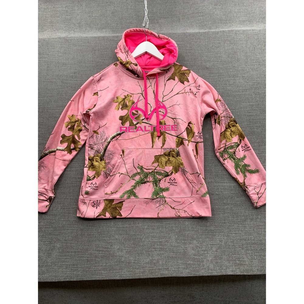 Realtree Hoodie Womens Small Pink Camouflage Graphic Spellout Logo Pouch Pockets